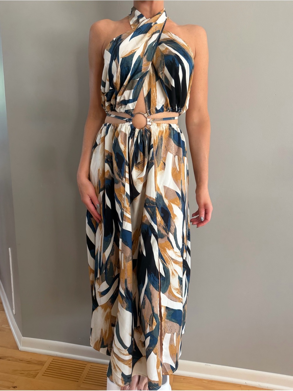 Halter Ring-Front Maxi Dress in Navy, Mustard & White
